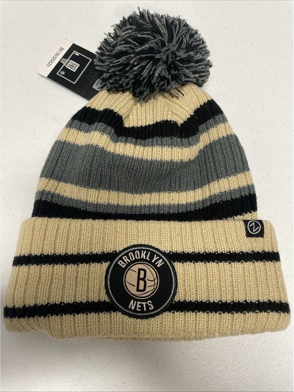 Brooklyn Nets NBA Basketball Knit Pom Hat Black Gray Beige Fan Apparel By Zephyr